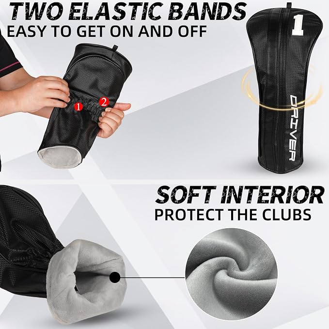 Golf Club Head Covers for Driver Fairway Woods Hybrid, Premium PU Leather Golf Head Covers with Carbon Fiber Pattern, Interchangeable Number Tags, Waterproof Golf Club Covers Set for Men Women