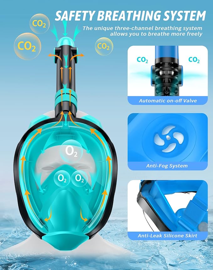 Full Face Snorkel Mask for Adults, 180° Panoramic Anti-Fog Snorkeling Gear with Dry Top System & Camera Mount, Foldable Anti-Leak Design for Travel, Swimming & Ocean Snorkeling
