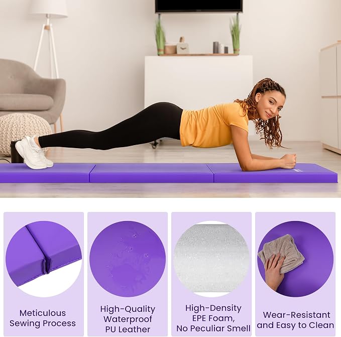 Fitvids Folding Exercise Gymnastics Mat for Tumbling, 2'x6'x2" Gym Workout Mat with Carrying Handles High-Density Anti-Tear Portable Fitness Aerobics Mats for Home Gym Yoga Pilates MMA Core Training