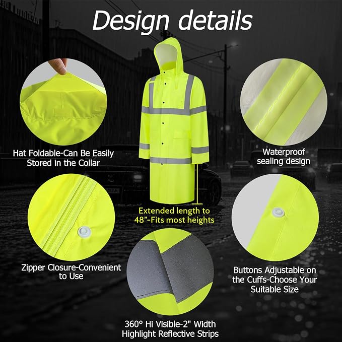 Hi Vis Rain Jacket Rain Suits for Men, Hihg Visibility Waterproof Rain Coat with Hood, Class 3 Lightweight High Vis Rain Gear for Outdoor & Safety Work, Men Women, Yellow Long, XL