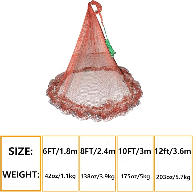 Nylon Monofilament Cast Net, 4FT/6FT/7FT/8FT/9FT/10FT/12FT American Style Hand Throwing Fishing Net with Iron Chain Weights for Saltwater and Freshwater