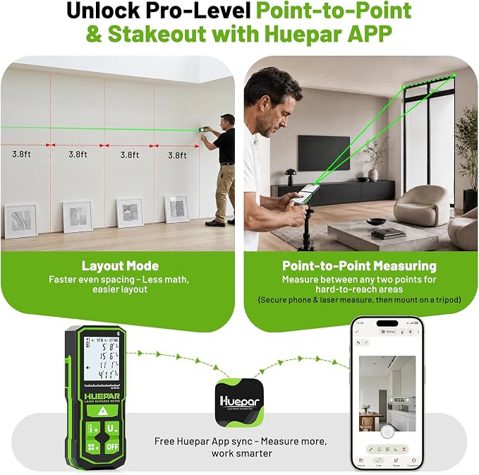 Huepar S60-G-BT Professional Bluetooth Laser Measuring Tool, 200ft | APP Control, Green Beam, ±1/16" High Accuracy, Rechargeable USB-C Laser Distance Meter, Angle Sensor, IP54, Gifts for Men