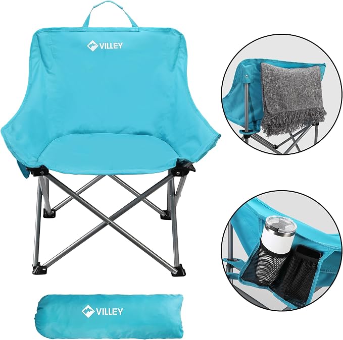 VILLEY Camping Chair Beach Folding Chair, Outdoor Lawn Portable Lightweight Chair, Foldable Chair with Carry Bag, for Outside Hiking, Fishing, Travel, Beach and Sports, Blue