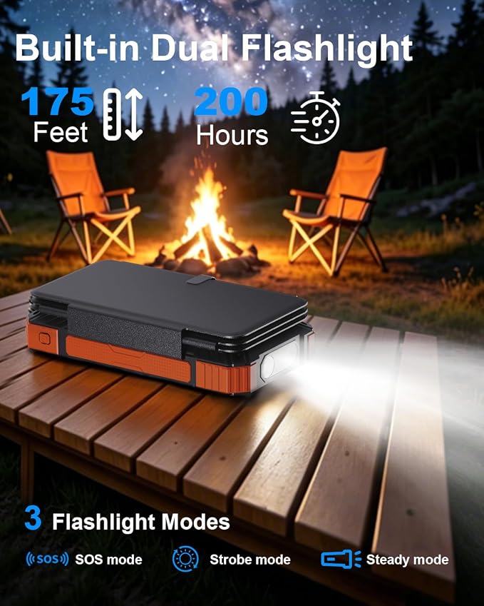 Solar Charger Power Bank 49800mAh with 4 Built-in Cables & 4 Foldable Panels, 22.5W Fast Portable Phone Charger, External Battery Pack with USB-C in/Output & Flashlight for Outdoor Camping