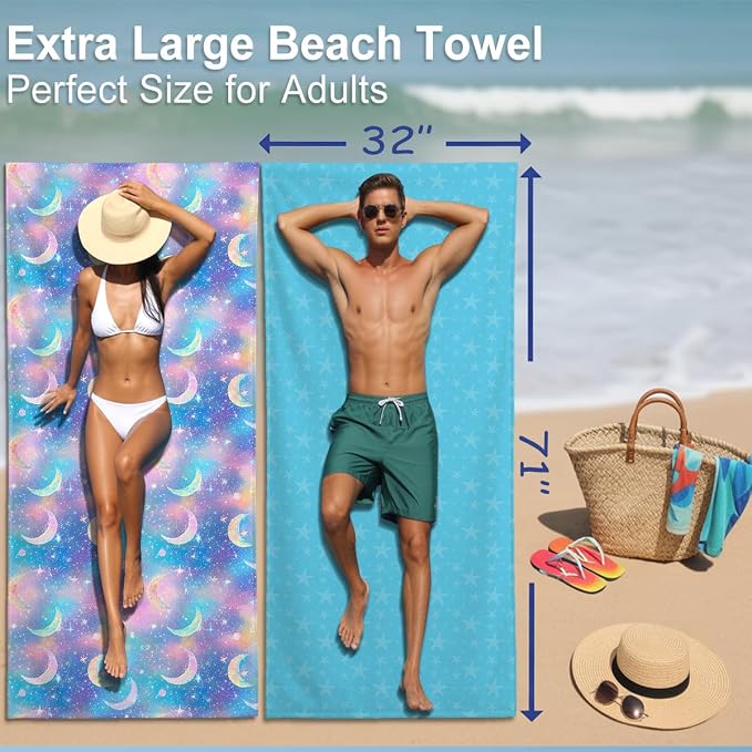 2 Pcs Microfiber Beach Towel Sand Free Quick Dry Oversized Absorbent Dreamy Celestial Galaxy Moon Stars Pattern Blue Pink Purple Swim Towels for Adults 71 x 32 Inches