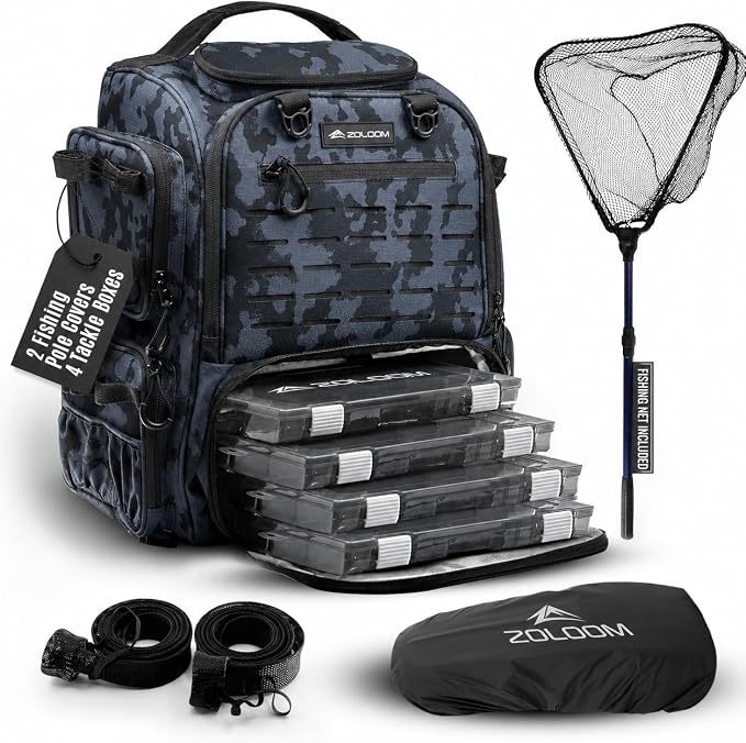 Waterproof Fishing Backpack with Tackle Boxes, Rod Holder & Foldable Net - 40L Fishing Tackle Bag with Trays Included, Extra Storage Gear and Equipment, Rain Cover, Fisherman Gift for Men
