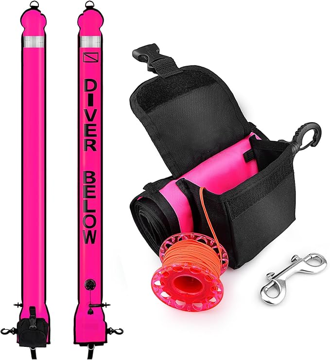 Surface Marker Buoy Scuba with Reel, 5ft High Visibility Diving Open Bottom Signal Tube Safety Sausage with Pouch Bag, 100ft ABS Dive Reel and Steel Double-Ended Bolt Snap (Hi-Vi Pink)