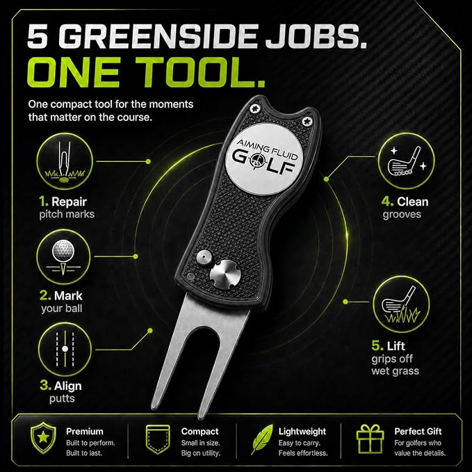 Golf Divot Repair Tool — 5-in-1 Golfing Ball Marker, Pitch Mark Repair, Putting Alignment, Club Tee, and Groove Cleaner, Accessory Metal Switchblade Design - Ideal Gift for Golfers