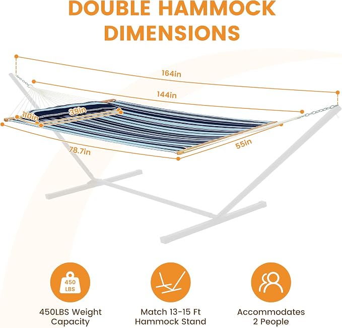 Lazy Daze Hammocks 12 FT Quilted Fabric Double Hammock with Spreader Bars and Detachable Pillow, 450lbs Weight Capacity