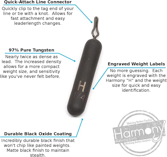 Harmony Fishing - Tungsten Skinny/Cylinder Dropshot Fishing Weights (Chip-Proof Oxide Coated, Lead-Free)