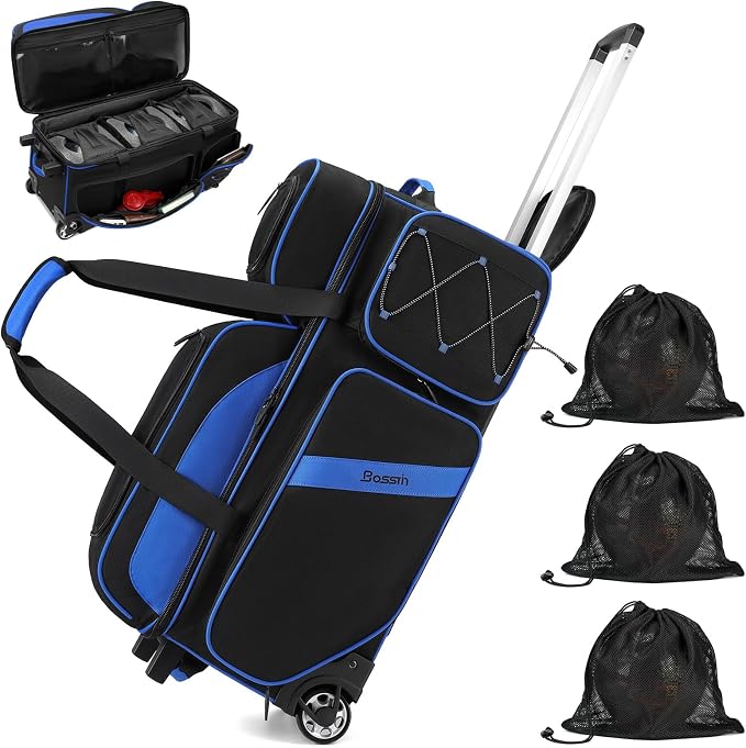BOSSTIN 3 Ball Bowling Bags with Wheels, Secure Adhesive Fixed Ball Cup & Shoe Compartment, Bowling Ball Bag 3 Ball Roller with Multi-Pockets