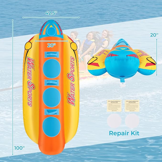 Towable Tubes for Boating, Inflatable Hot Dog Water Tube for Boat to Pull, Water Sports Banana Boat Tubes and Towables w/Double Stitched Nylon Cover, Padded Seat, Easy Grip Handles
