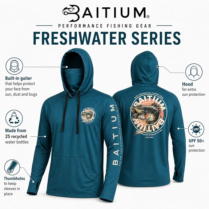Fishing Shirts for Men,UPF50 Hooded Long Sleeve with Gaiter, Sun Protection Dry Fit Apparel, Face Mask, Fishing Clothes