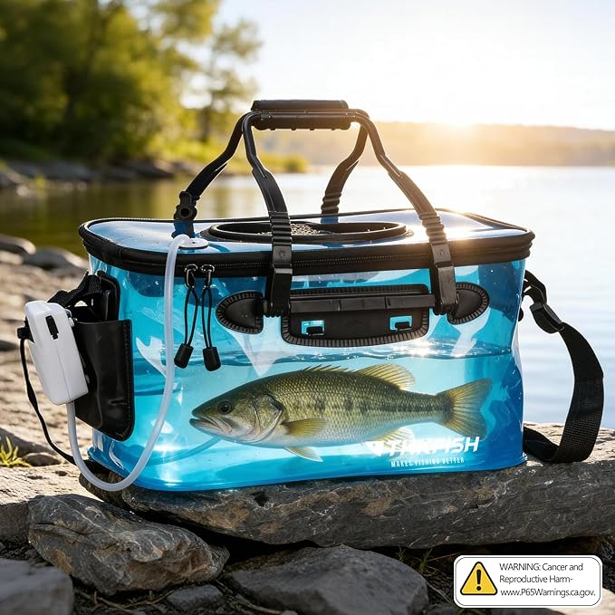 Foldable Transparent Fishing Bucket, 6 Gallon Foldable Bait Bucket, Live Fish Container Multi-Functional Bucket, Live Bait Bucket for Saltwater, Camping, Moving (23l/6Gallon with Aerator)
