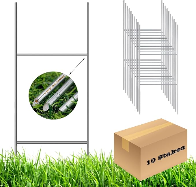 10 Pack H Frame Wire Stakes 30 x10 inch 9 Gauge Galvanized Wire -Yard Sign Stakes Fit for 4mm, 5mm Corrugated Signs, Heavy Duty Metal Step Stakes