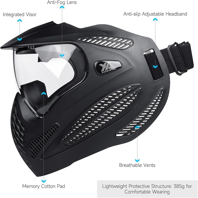 Xaegistac Paintball Mask-Intergrated Sun Visor Airsoft Mask, Wide Field of View, Anti Fog, Adjustable Headband for Paintball, Airsoft