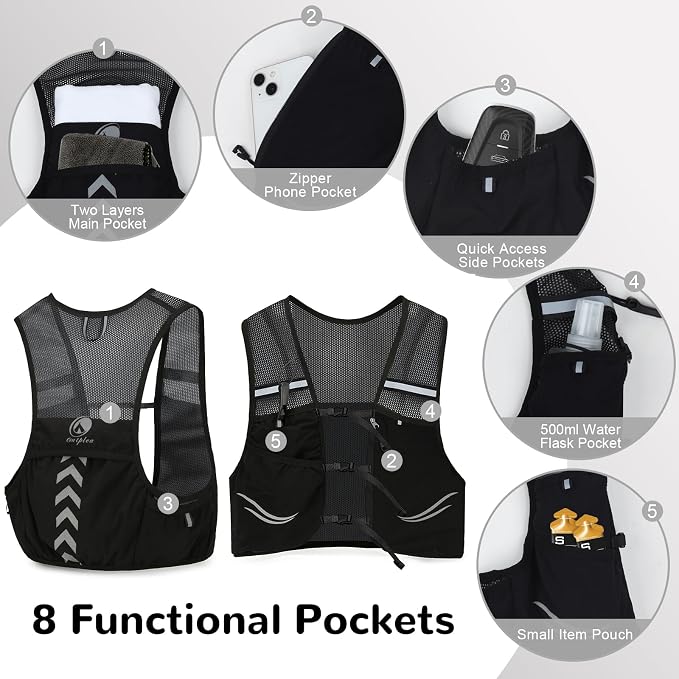 Lightweight Running Vest with 2pcs 500ml Water Bottle for Men Women, Reflective Water Vest Hydration Pack Hydropack for Hiking, M/L