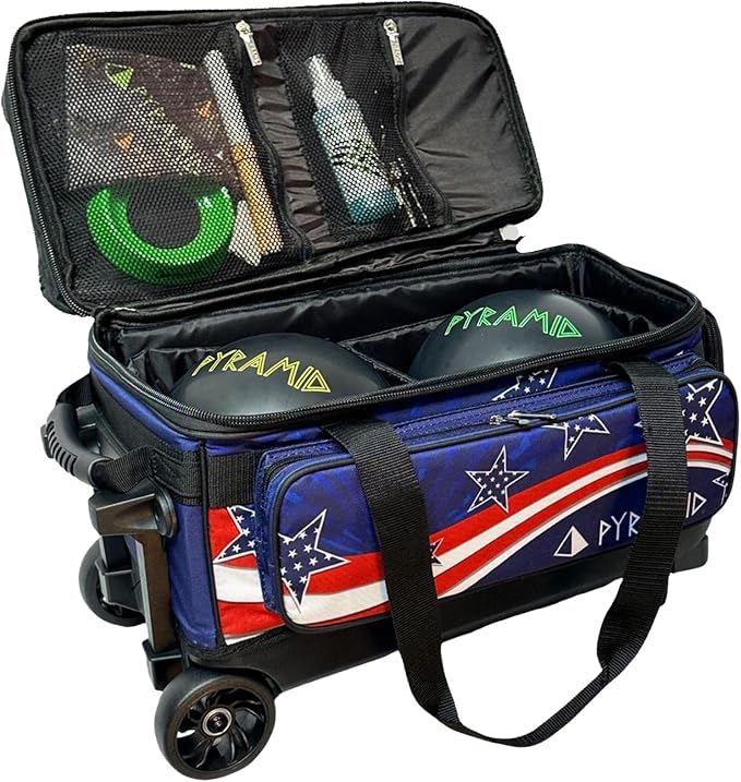 Pyramid Deluxe Double Roller 2 Ball Bowling Bag with Large Separate Shoe Compartment (Up To 2 Pairs Of Shoes) and Accessory Pockets, Sturdy Square Handle - Extends to 40" - Pro Options Available