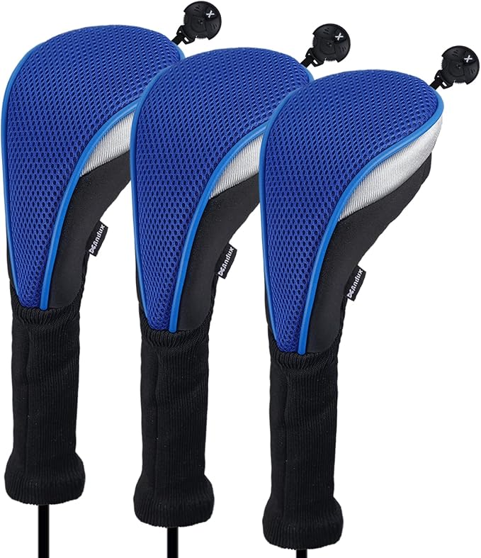 Andux 3pcs Long Neck Golf Hybrid Club Head Covers Dial No. Tag CTMT-02 | Mesh Breathable material | all the Same Size | Coloured Piping | Pull-On Closure