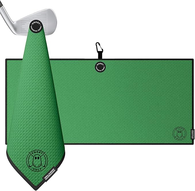 Ghost Golf Magnetic Towel (Caddie) - Premium Ultra-Absorbent Microfiber Golf Towel with Magnet for Golf Carts or Clubs - 18" x 40" Golfing Gear - Waffle Weave Pattern (Kelly Green)