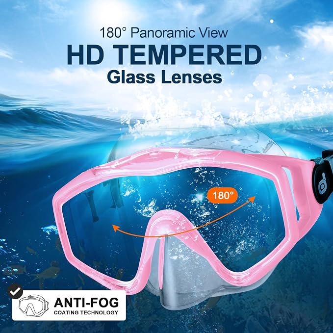 Odoland Snorkel Set, Adults Snorkeling Packages with Dry Top Diving Mask, Adjustable Swim Fins, Mesh Bag, Anti-Fog Anti-Leak Snorkeling Gear for Men Women
