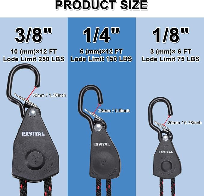 4PCS Kayak Rope Tie Down Ratchet Straps 3/8" ×12' Bow and Stern Tie Down Kayak with Safety S Hook Heavy Duty Ratchet Rope Kayaks and Canoe Accessories Black