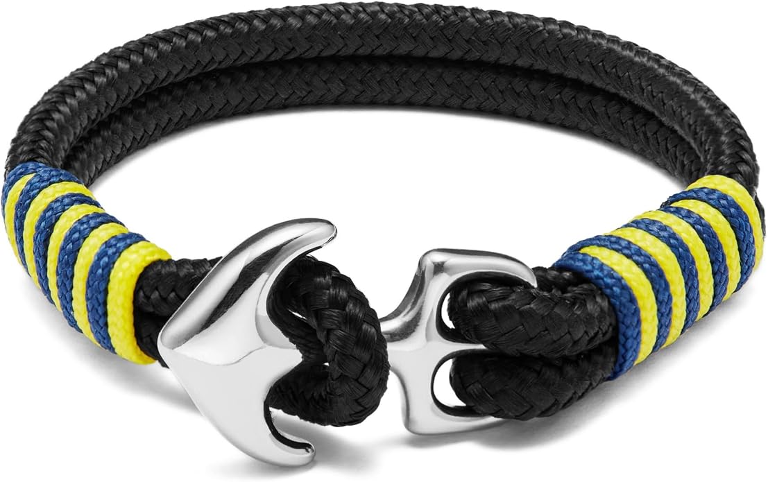 Men's Nautical Anchor Cuff Bracelet, Handmade Black & Blue Stainless Steel Rope Wristband with Lobster Claw Clasp