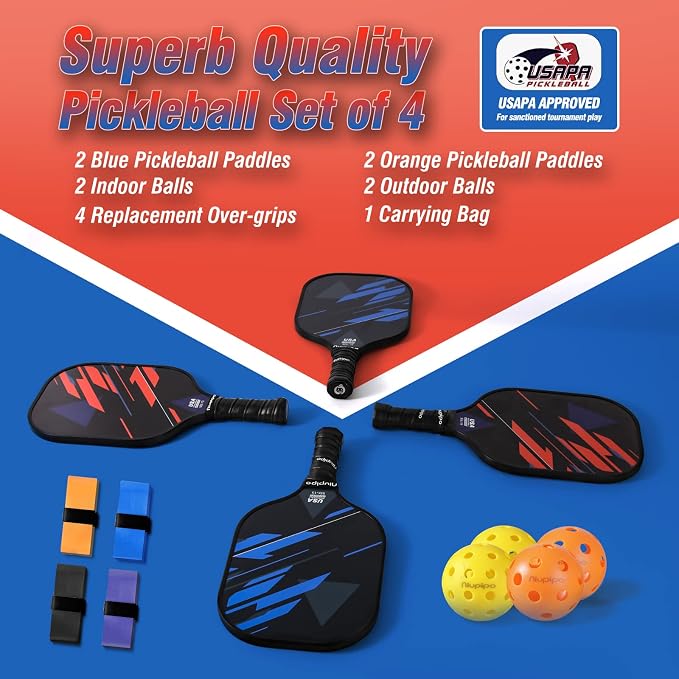niupipo Pickleball Paddles Set of 2 or 4, USAPA Approved Fiberglass Pickleball Paddle Set with Balls and Bag, Polypropylene Honeycomb Core, Lightweight Pickleball Paddles for Beginners Men Women