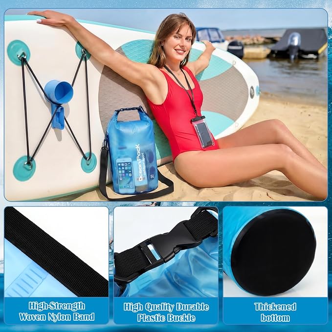 Thinkday 3 Pcs Paddle Board Accessories Include 5L Waterproof Dry Bag for Women Men 2-in-1 Paddleboard Cup Holder Waterproof Phone Case Roll Top Lightweight Storage Bag for SUP Kayak Boat (Blue)