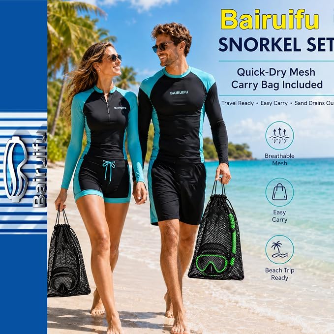Snorkeling Gear for Adults 2-Pack | Anti-Fog & Anti-Leak Snorkeling Mask | Breath-Free Dry Snorkel | 180° Panoramic View with Quick-Dry Bags