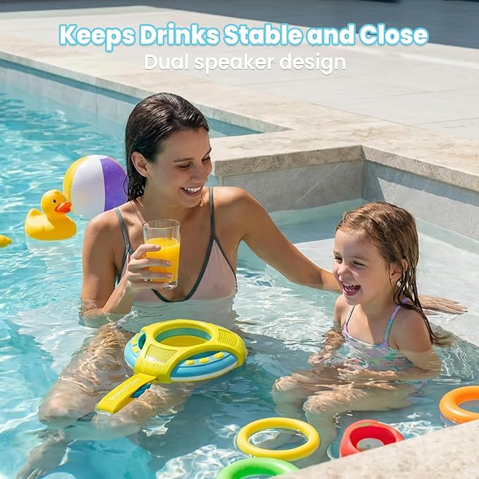 Mambobaby Floating Bluetooth Speaker with Collapsible Cup Holder, IPX7 Waterproof Shower Speaker with 360° Sound & LED Lights, Pool, with Versatile Hanging Strap, Great Gift for All Ages(Yellow Blue)