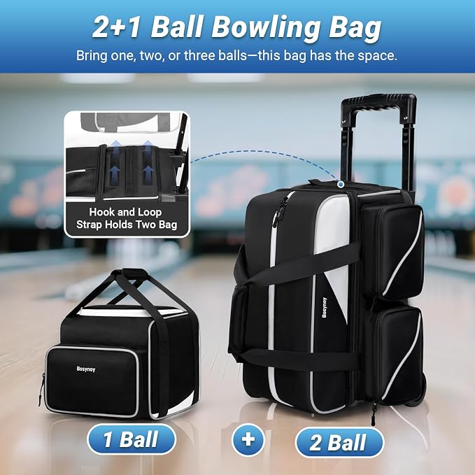 Bosynoy 3 Ball Bowling Bags with Wheels, Single Ball Tote+2 Ball Bowling Bag with Shoe Compartment (Up to US Men Size 16), Bowling Ball Bag 3 Ball Roller with Insulated Pockets, Black