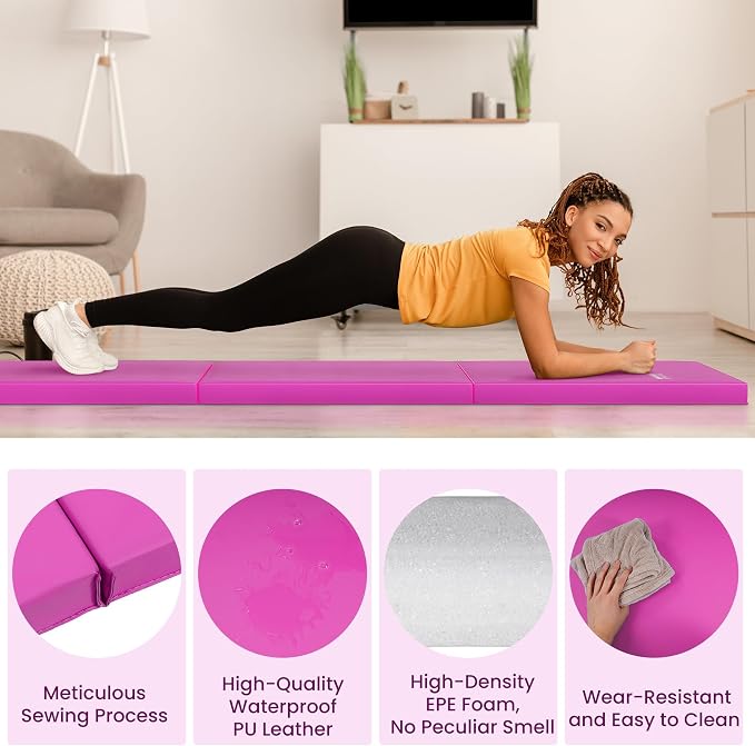 Fitvids Folding Exercise Gymnastics Mat for Tumbling, 2'x6'x2" Gym Workout Mat with Carrying Handles High-Density Anti-Tear Portable Fitness Aerobics Mats for Home Gym Yoga Pilates MMA Core Training