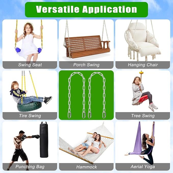 SELEWARE 2 Pack 100 Inch Hanging Swing Chain with 4 Carabiners, 1000LB Capacity Plastic Coated Hanging Chains, Hammock Hardware Kit for Swing, Hanging Chair, Punching Bags, Indoor Outdoor Gym (White)