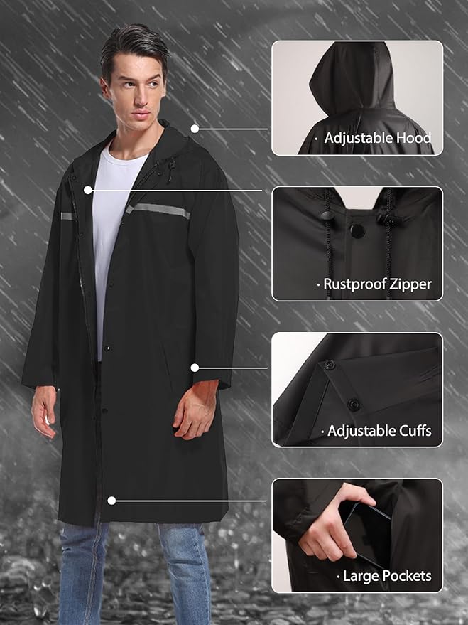 Mens Long Hooded Safety Rain Jacket Waterproof Emergency Raincoat Poncho