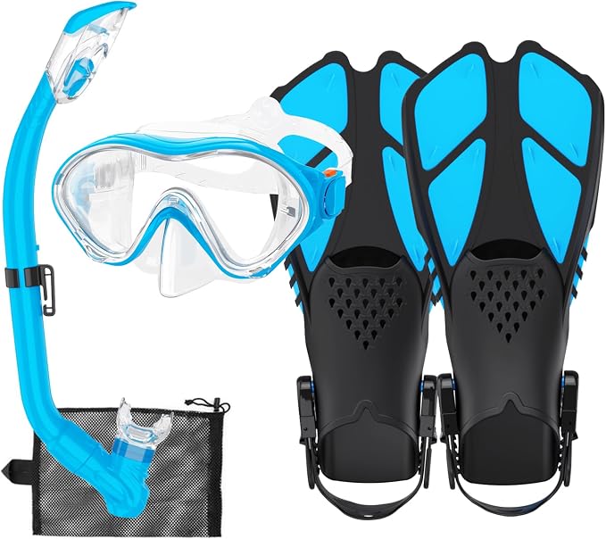 Snorkeling Gear for Kids with Foldable Silicone Full Dry Snorkel, Kids Snorkel Set Anti Leak Youth Junior Snorkeling Package Diving Mask Soft Tube with Mesh Bag Scuba Swimming Goggles