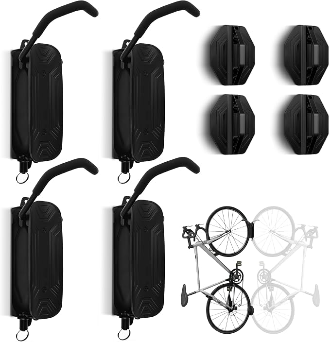 Swivel Bike Wall Mount, Bike Hangers for Garage, Space-Saving Vertical Bike Rack Holds Up to 66lbs, Heavy Duty Bicycle Storage Rack for MTB and Road Bikes, Easy to Install（4 Pack）