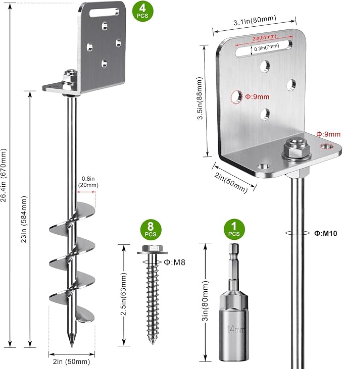 BeneLabel 2/4/6 Pack 18" 24" Ground Anchors Screw in Shed Anchor with L Bracket Trampoline Anchor Spiral Swingset Anchors for Swing Set, Mobile Home, Fence, Playset, Tent, Canopy, Carport