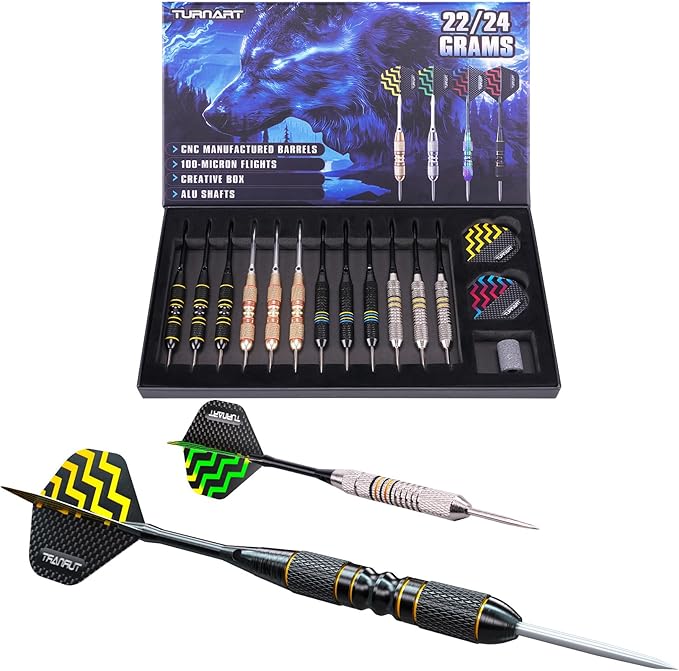 Turnart Darts Metal Tip Set - Steel Tip Darts Darts Set Professional Metal Darts 12 pcs 22/24 Grams Pro Dart Set with Stylish Case Aluminum Shafts Extra 9 Flights
