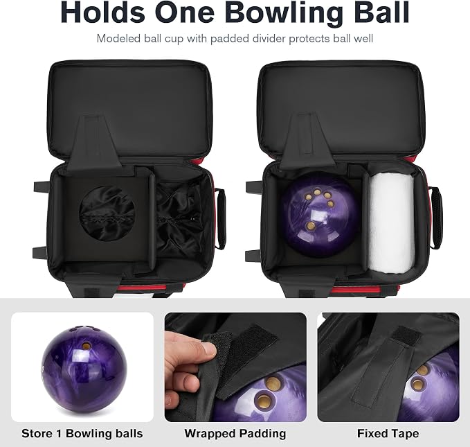 Single Roller Bowling Bag with Wheels, 1 Bowling Ball Bag with Separate Shoe Compartment and Retractable Handle Extends to 37.0 Inches, Padded Foam Ball Insert
