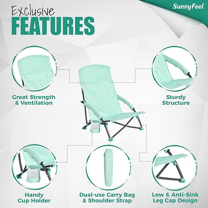 SUNNYFEEL Folding Low Camping Beach Chair 2 Pack, Portable Backpacking Chairs with Cup Holder,Carry Bag Compact & Heavy Duty for Adults 300 LBS for Outdoor Picnic Fishing Sand Lawn