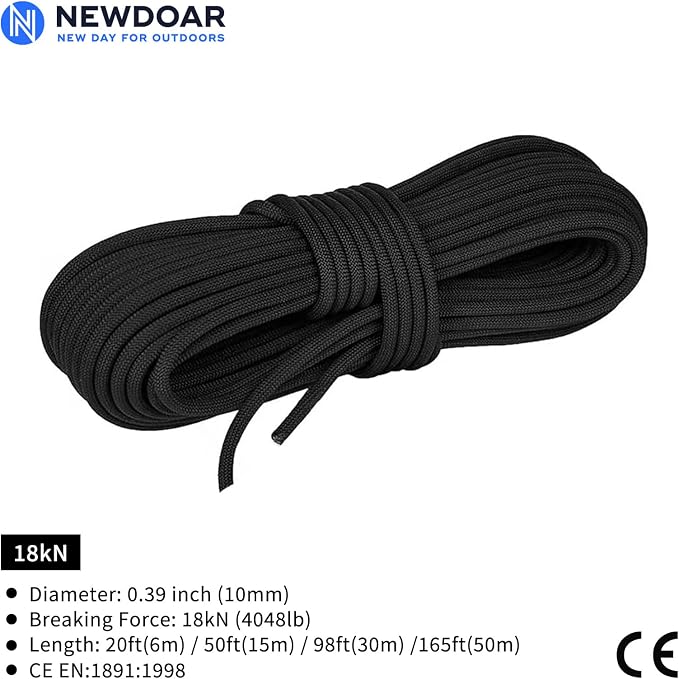 NewDoar Static Climbing Rope - 8mm (5/16c) / 10mm (3/8”) Double Braid Accessory Cord for Rock,Hauling, Prusik, Survival - Pre-Cut 20FT, 50FT, 100FT, 165FT Lengths - Outdoor, Fire Rescue Equipment