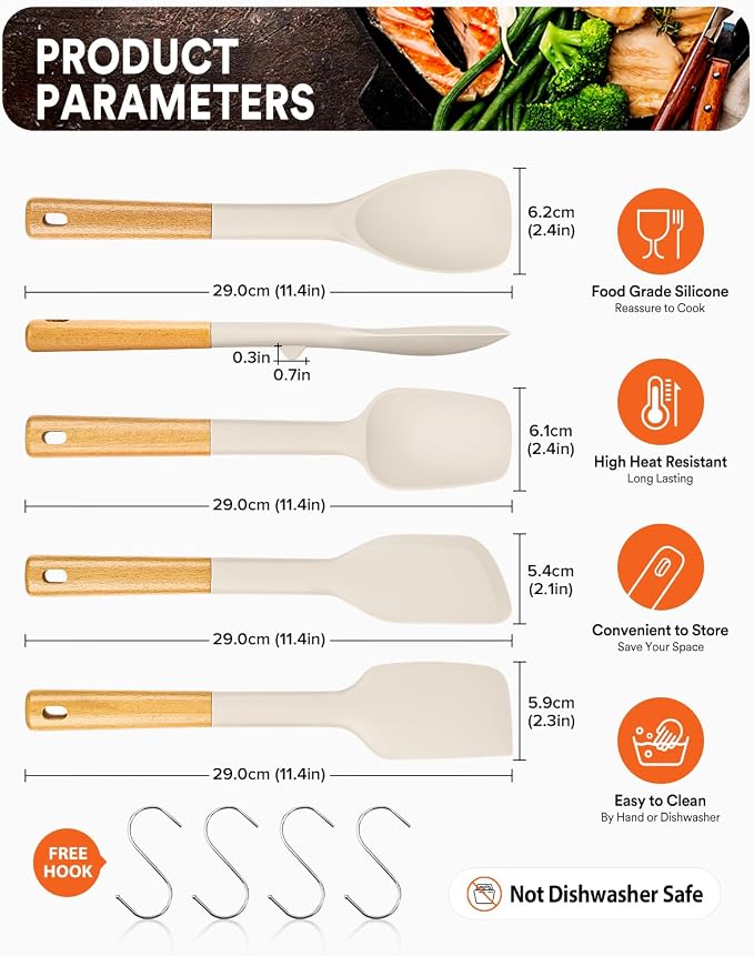 Silicone Spatula Spoon Set, Great for Mixing, Folding, Scraping, and Spreading, Sturdy BPA-Free Matte Silicone, Wooden Handle Rubber Spoonula for Nonstick Cookwares,4 Pack (KHAKI)