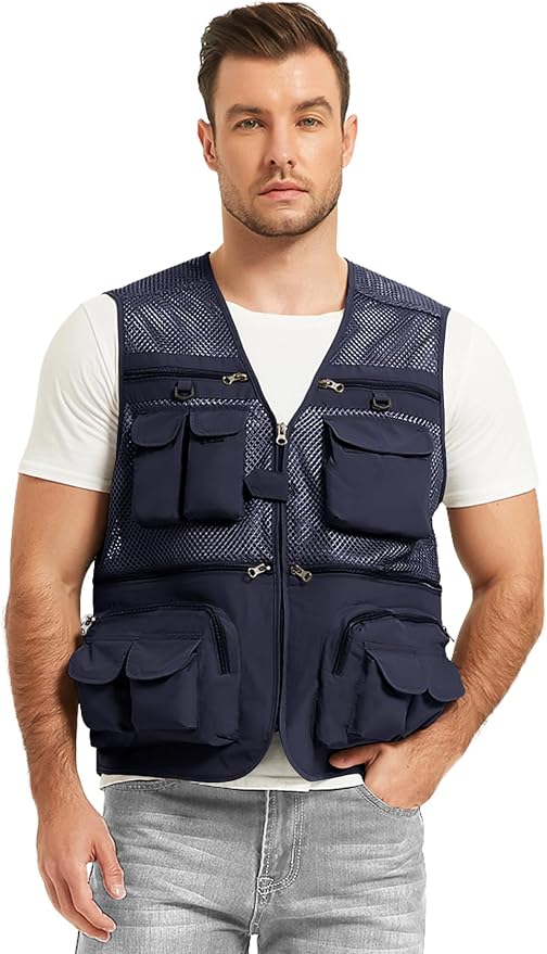Flygo Men's Fishing Vest Utility Lightweight Outdoor Travel Safari Photo Cargo Vest with 16 Pockets