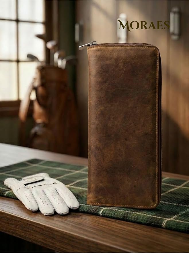 MORAES Genuine Leather Golf Glove Case Holder – Genuine Crazy Horse Leather Golf Wallet – Vintage Style Zippered Organizer Pouch – Keeps Gloves Flat & Dry – Premium Golfer Gift