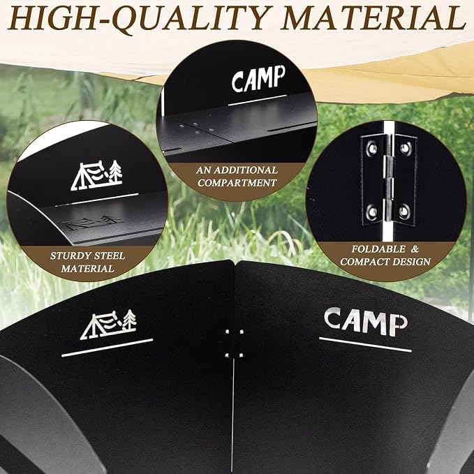 Camping Stove Windscreen Steel Camp Stove Windscreen 4 Plates Steel Folding Camping Stove Windshield with a Storage Bag and Compartment for Camping, Hiking, Picnic, Backpacking, Cooking (Black)