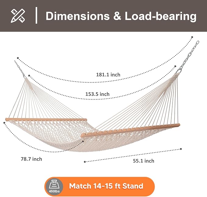 SUNCREAT Double Rope Hammock with Spreader Bar, Carrying Bag, 450 lbs Capacity, Two Person Hammock with Tree Hooks, Beige
