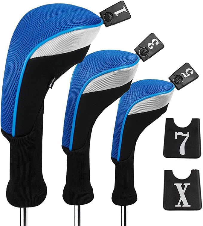 Andux 3pcs/Set Golf 460cc Driver Wood Club Head Covers Long Neck | for Driver Fairway Wood with Interchangeable No. Tags Mesh Breathable material Coloured Piping Pull-On Closure