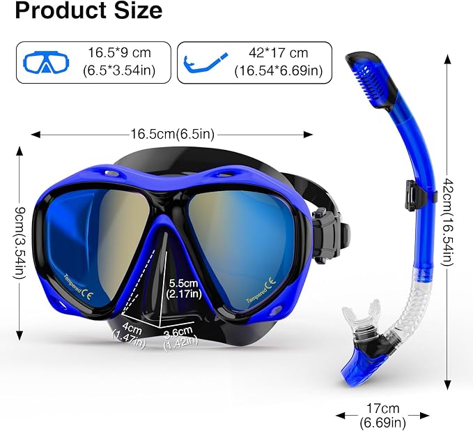 Snorkeling Gear for Adults, Snorkel Mask With Mirrored Tempered Glass Lens 180° Wide View Anti-Fog Scuba Diving Mask, Professional Snorkel Set for Swimming Diving, Gifts for Women Mom Men Dad