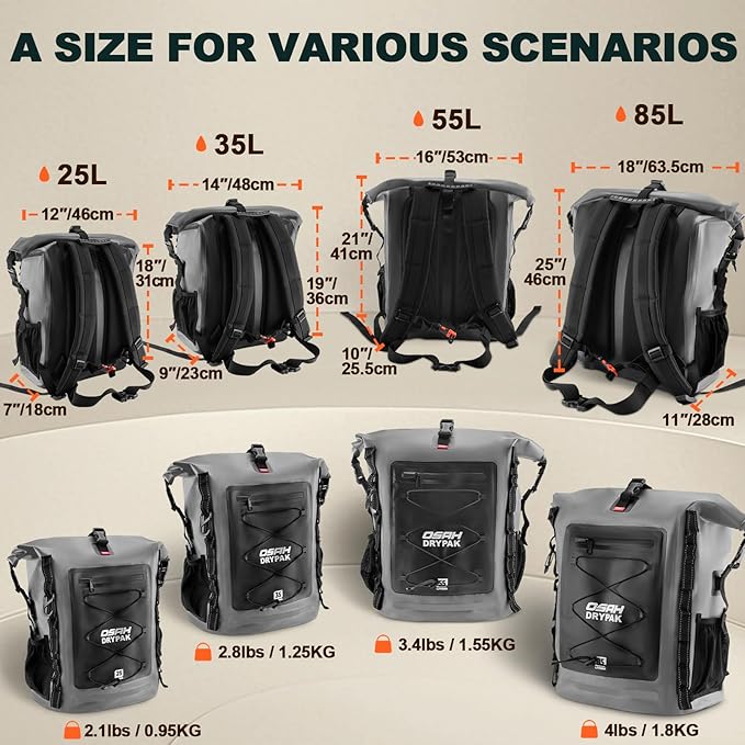 OSAH DRYPAK Waterproof Backpack Dry Bag 35L/55L/85L – Heavy Duty Roll-Top Hiking Backpack for Travel, Kayaking, Boating, Camping, Rafting and Fishing